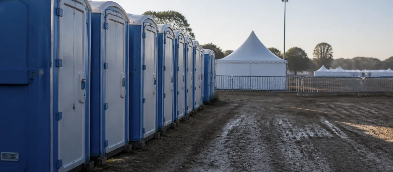 Hilera de cabinas de baños portátiles químicos preparadas en un recinto ferial antes de un evento, ilustración de la guía sobre qué incluye alquiler baños portátiles