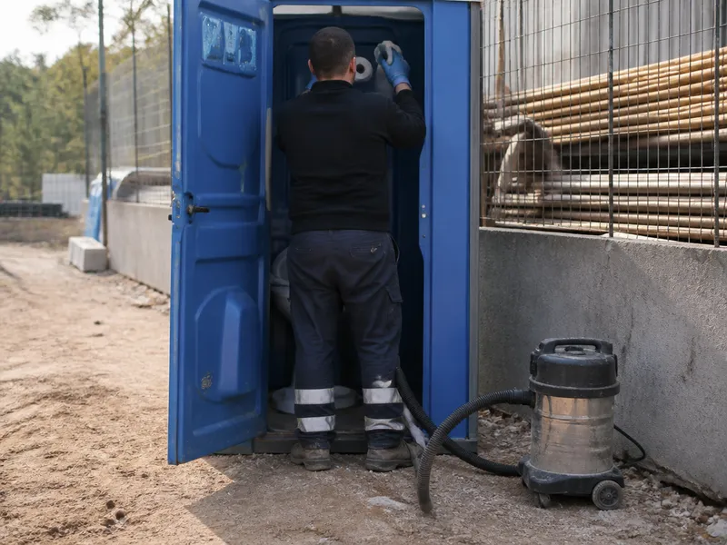 Operario revisando y reponiendo una cabina de baño portátil alquilada en una obra