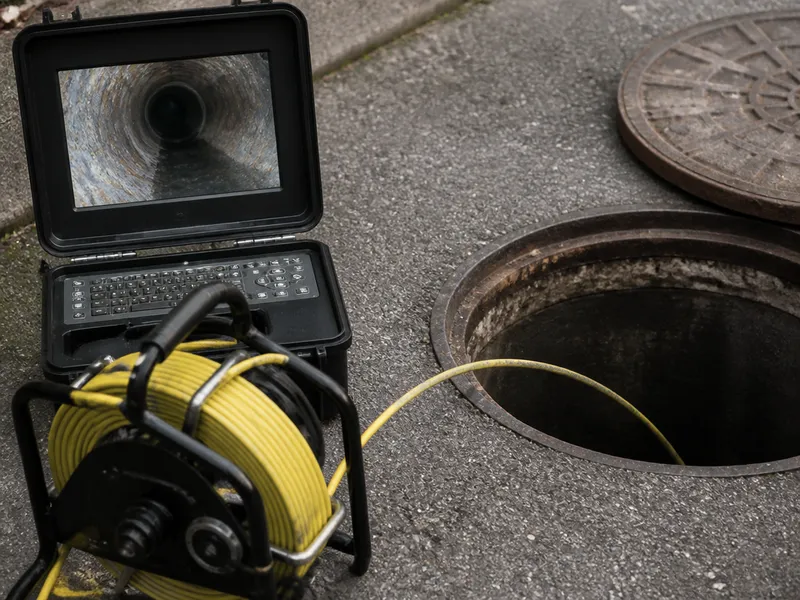 Cámara de inspección de tuberías con monitor mostrando el interior de una tubería de saneamiento