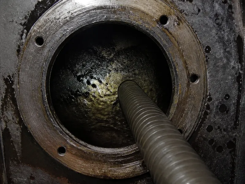 Lodos de gasoil en el fondo de un depósito vistos por la boca de hombre antes de la limpieza