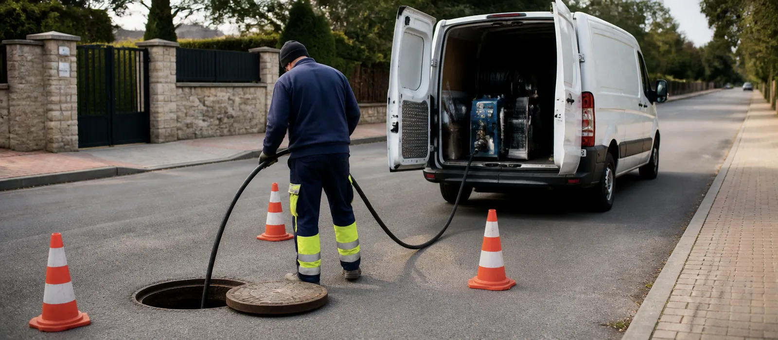 Desatasco de una arqueta de saneamiento con manguera de alta presión en una calle de urbanización, ilustración de la guía sobre atascos recurrentes en tuberías