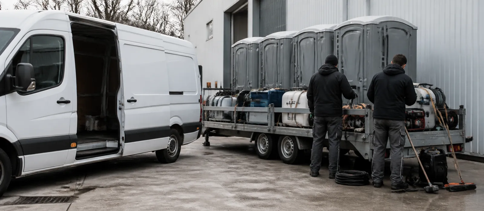 Operarios de Sanevanta de espaldas preparando equipos de limpieza y cabinas de baño portátil