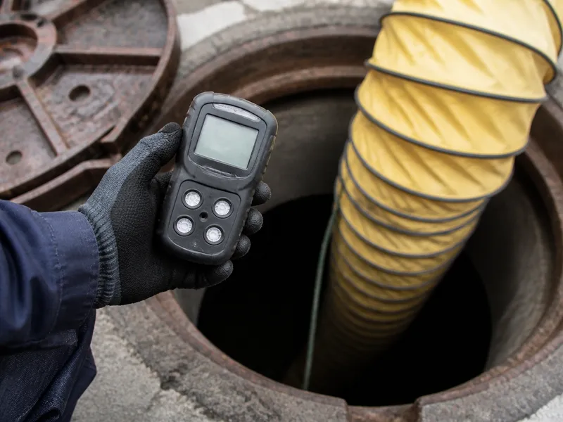Medición de gases con detector portátil antes de entrar a limpiar un pozo industrial