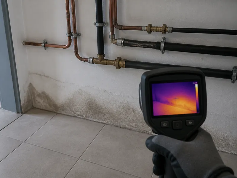 Revisión de un cuarto de contadores con humedad en el zócalo para localizar una fuga de agua