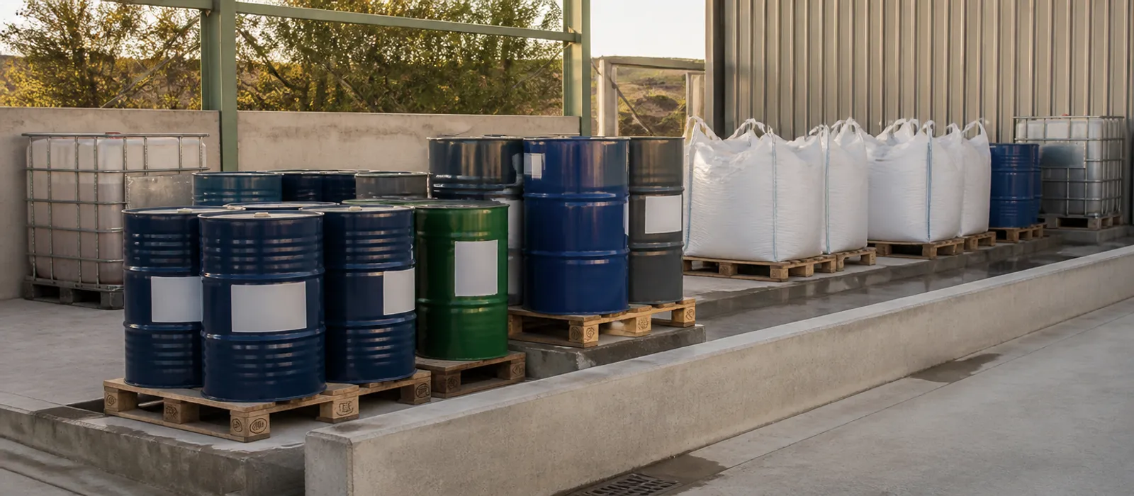 Zona de acopio con bidones, contenedores y big bags preparados para la gestión de residuos industriales