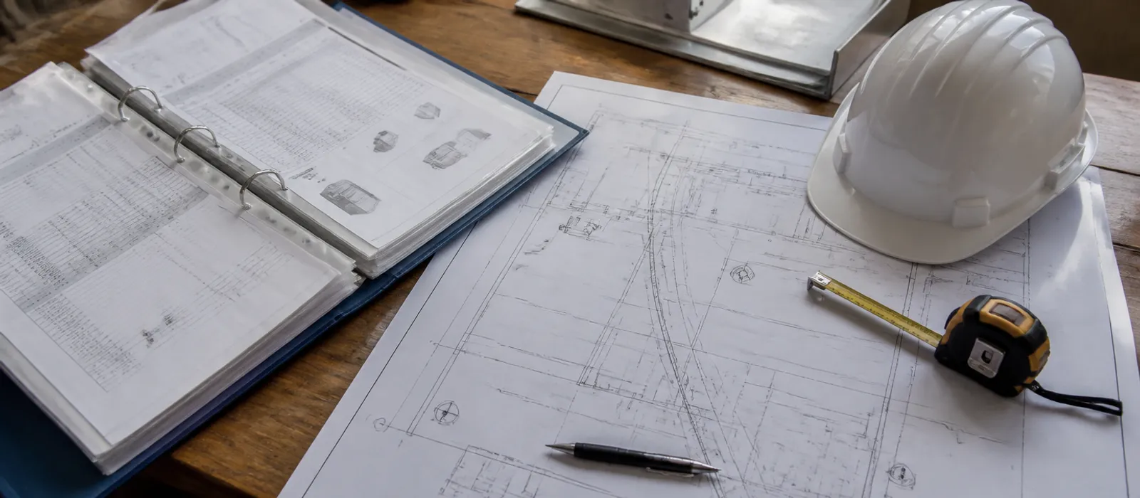 Carpeta de fichas técnicas, plano de instalación y casco sobre una mesa, guías para contratar servicios