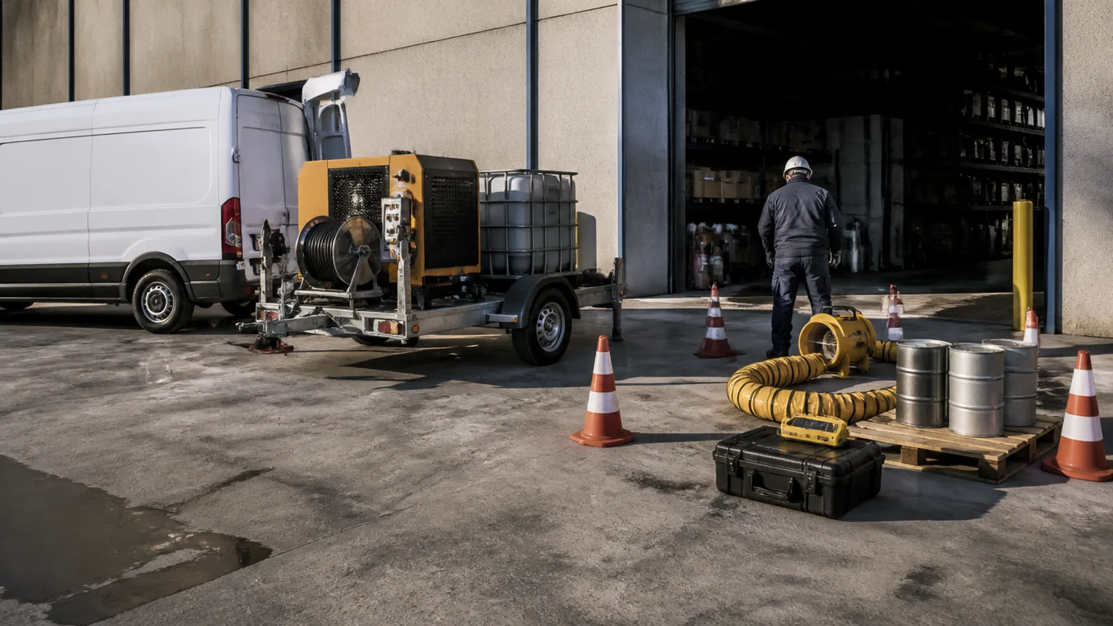 Equipo de agua a alta presión sobre remolque, extractor de aire, detector de gases y bidones de residuos preparados en el patio de una nave