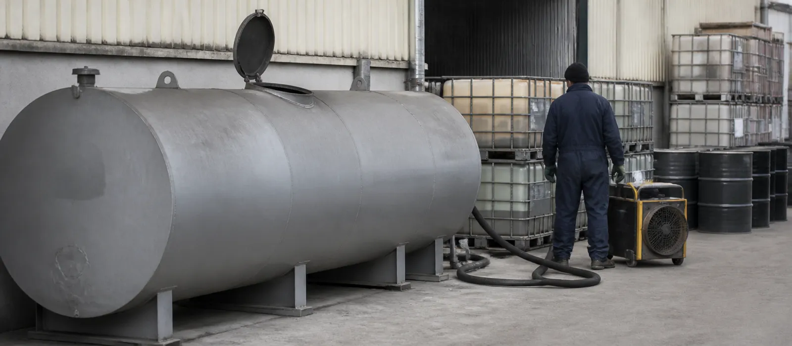Depósito de gasoil aéreo con la boca de hombre abierta durante su limpieza y retirada de lodos