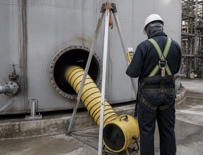 Preparación de la limpieza de un depósito industrial con extractor, trípode y detector de gases