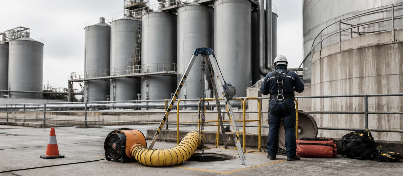 Boca de acceso a un silo industrial con trípode de rescate y extractor preparados para la limpieza de un espacio confinado