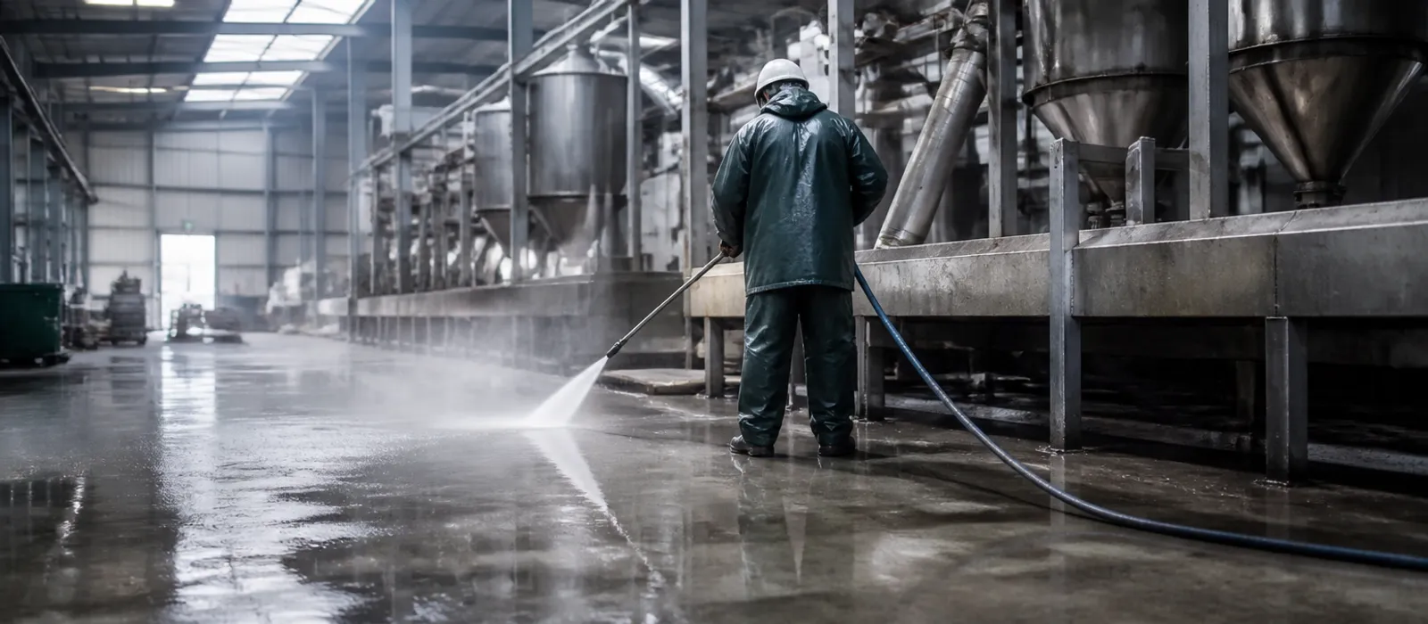 Limpieza industrial con agua a alta presión del suelo y una bancada en una nave de producción