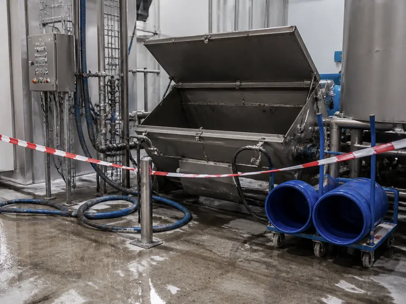 Zona de producción acotada durante una parada de mantenimiento para limpieza industrial
