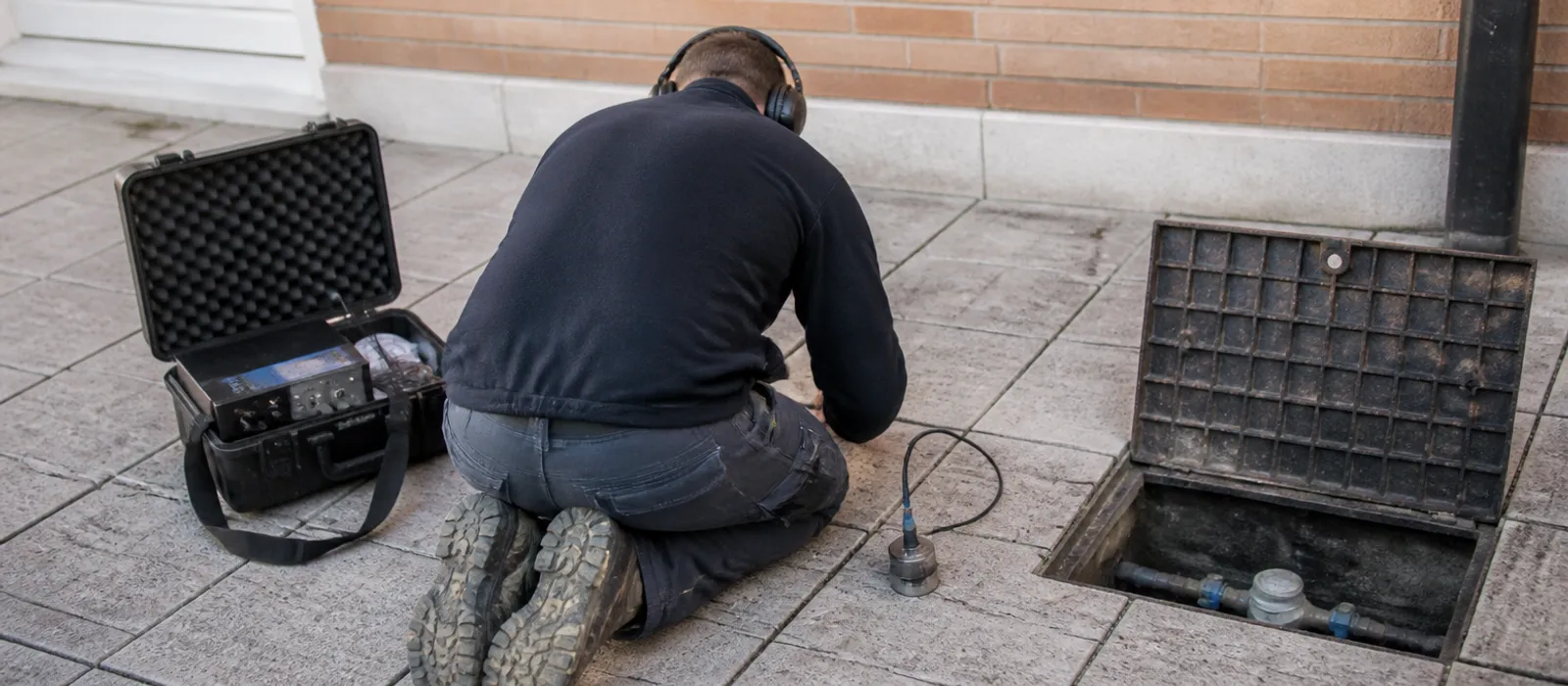 Técnico escuchando el suelo de un patio con un equipo de detección durante la localización de una fuga de agua