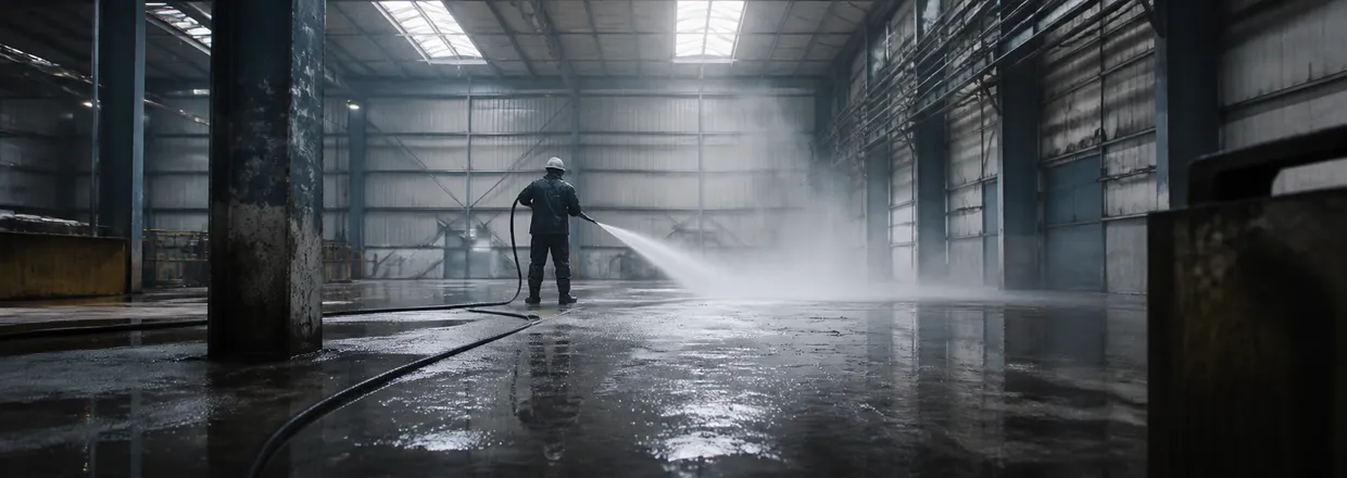 Operario limpiando con agua a alta presión el suelo de una nave industrial